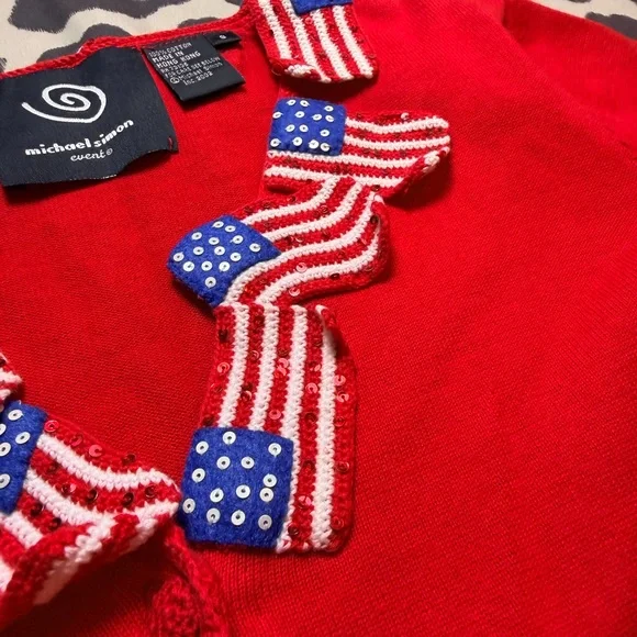 🇺🇸 Vintage Patriotic Flag Cardigan ✨ Sequin Crochet Statement Sweater Size S - Picture 11 of 13